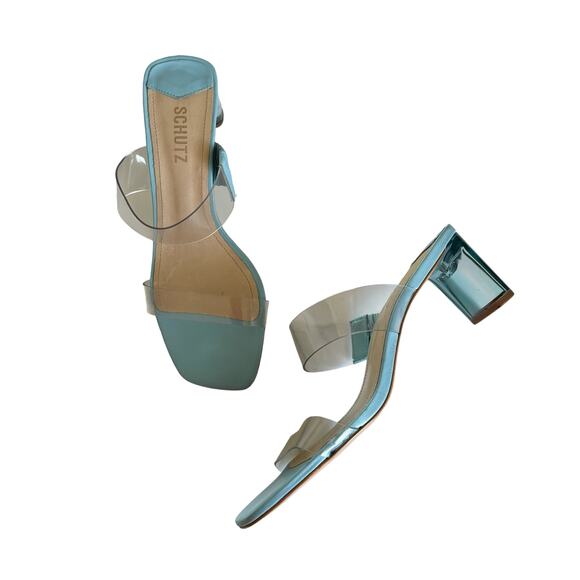 Schutz Ariella Blue and Clear Acrylic Mid Sandals Size 8.5 - Picture 1 of 8